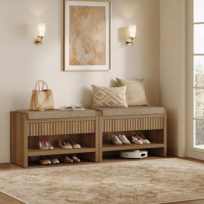 SICOTAS Fluted Shoe Bench with Drawers for Entryway Set of 2, Caramel Oak | Modern Fluted Design, 300 lb Capacity Per Bench, Comfortable Cushion, Spacious Drawer, Open Shoe Storage, Multi-Room Use