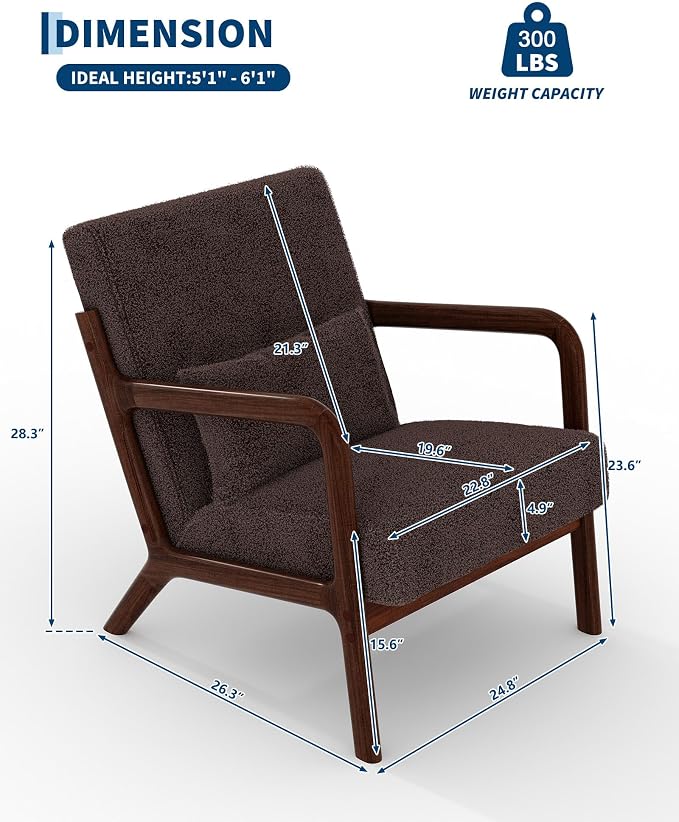Garvee Mid-Century Modern Accent Chair, Sherpa Upholstery, Solid Wood Armchair with Removable Lumbar Pillow, Sturdy Reading Chair for Living Room, Bedroom, Guest Room, Easy Assembly, Brown