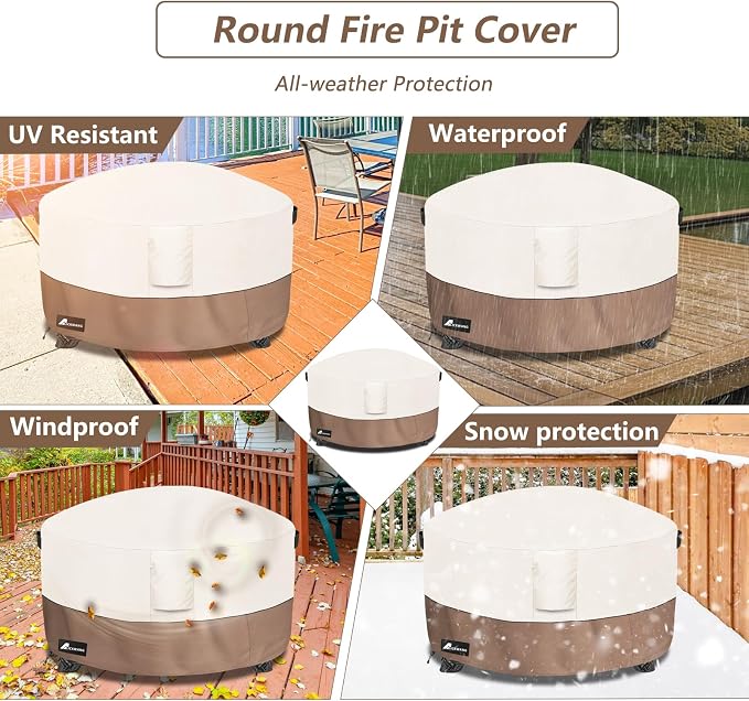 Fire Pit Cover Round 48 Inch Waterproof,Outdoor Heavy Duty Durable 600D Tear-Resistant Fire Pit Table Cover,Patio Round Firepit Cover 48" D x 24" H, Beige