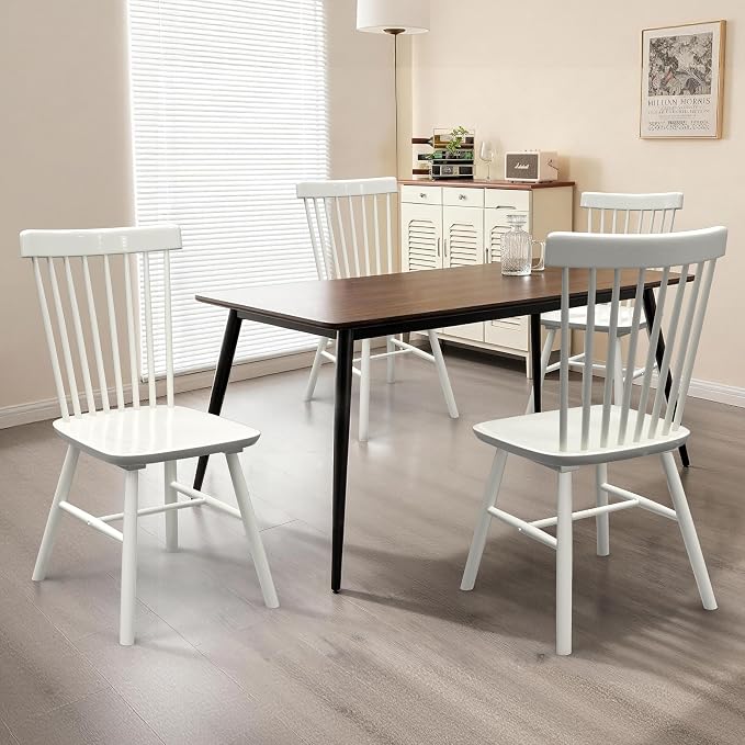 AreShark Windsor Dining Chairs, Farmhouse Wooden Dining Room Chairs, Solid Wood Kitchen Chairs with Spindle Back Set of 6, White