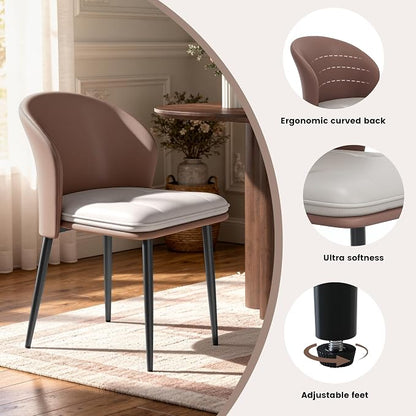 Modern Curved Back Dining Chairs Set of 6, Faux Leather Upholstered Accent Chair, Mid-Century Kitchen Side Chair with Soft Cushion for Dining Room, Living Room, Bedroom, Brown