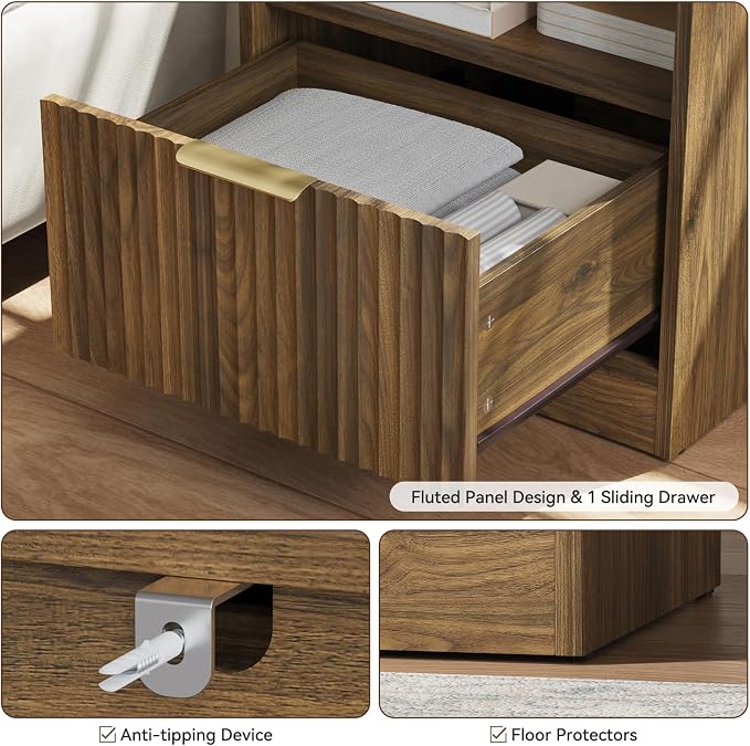 Fluted Dresser & Nightstand Set 3-Piece, 7 Drawer Dressers and Night Stand Set of 2 with Metal Handle, Fluted Mid Century Wood Chest of Drawers Storage Dressers Set for Bedroom, Walnut