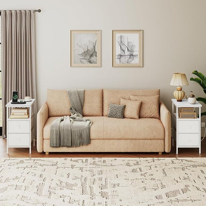 HOOBRO End Table with Charging Station, Narrow Side Table, Nightstand with 2 Non-Woven Drawers, Slim Sofa Side Table, for Small Spaces, Living Room, Bedroom, White WT486UBZ01