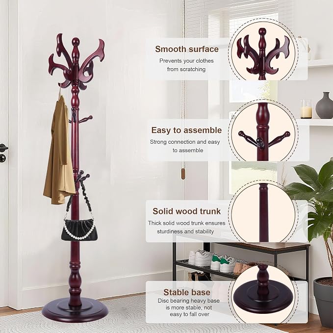 Wooden Coat Rack Freestanding with 14 Hooks, Adjustable Height Coat Tree Free Standing Heavy Duty for Entryway, Easy Assembly Solid Wood Sturdy Coat Hats Hanger Stand for Office Hallway Bedroom
