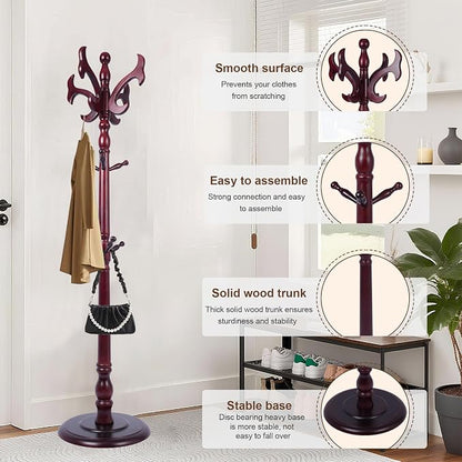Wooden Coat Rack Freestanding with 14 Hooks, Adjustable Height Coat Tree Free Standing Heavy Duty for Entryway, Easy Assembly Solid Wood Sturdy Coat Hats Hanger Stand for Office Hallway Bedroom