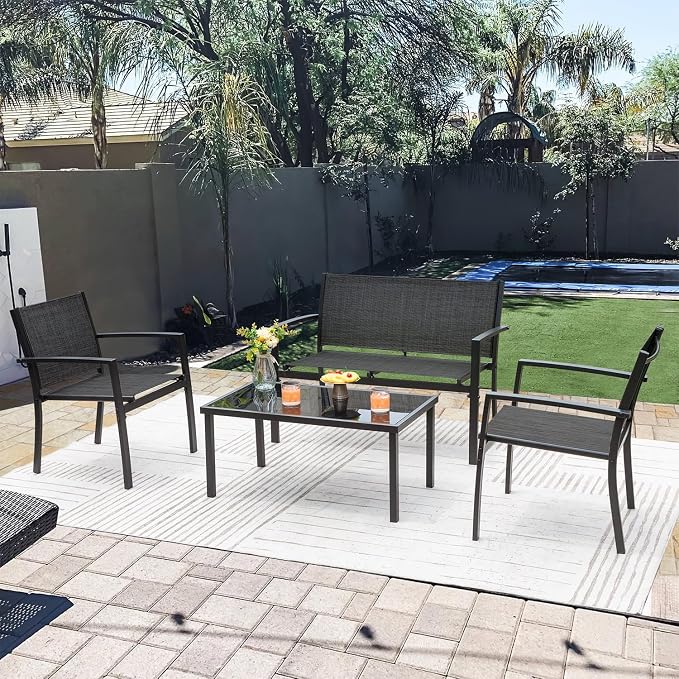 Greesum 4 Pieces Patio Furniture Set Outdoor Conversation Textilene Fabric Chairs for Lawn, Garden, Balcony, Poolside with A Glass Coffee Table, Black