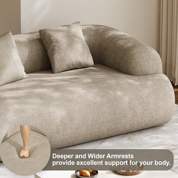 75" Boneless Cloud Loveseat, Modern Cute Curved Chenille Sofa, 2 Seater Compression Couch with 2 Pillows, No Assembly Required for Apartment Living Room, Light Brown