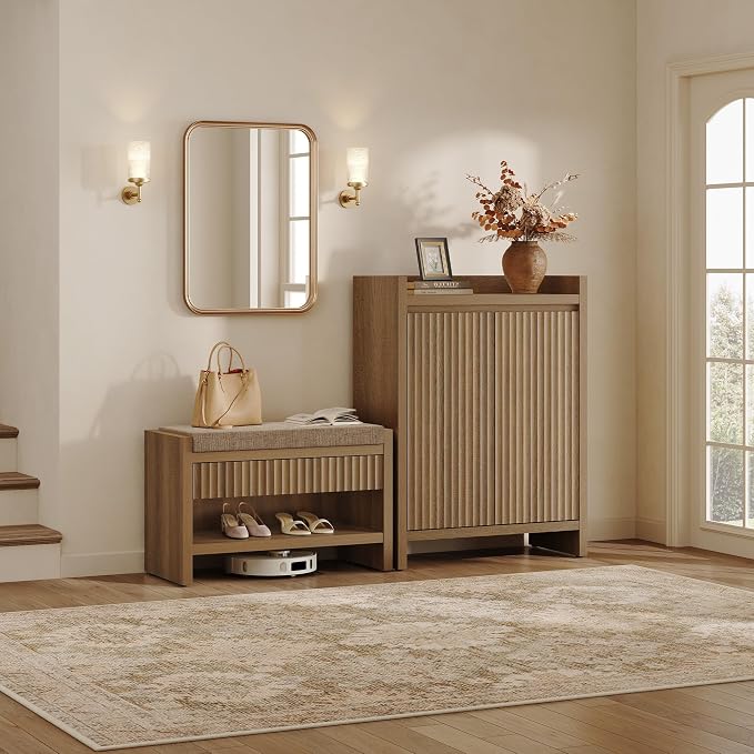 SICOTAS Fluted Shoe Bench with Drawers for Entryway Set of 2, Caramel Oak | Modern Fluted Design, 300 lb Capacity Per Bench, Comfortable Cushion, Spacious Drawer, Open Shoe Storage, Multi-Room Use