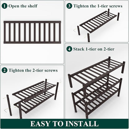 Smiry Bamboo Shoe Rack, 3 Tier Free Standing Wooden Shoe Organizer, Stackable Wood Shoe Storage Shelf for Closet, Entryway, 12 Vertical Slats, 2+1 Stack Standard Legs, 26.8"x11"x19.5", Brown