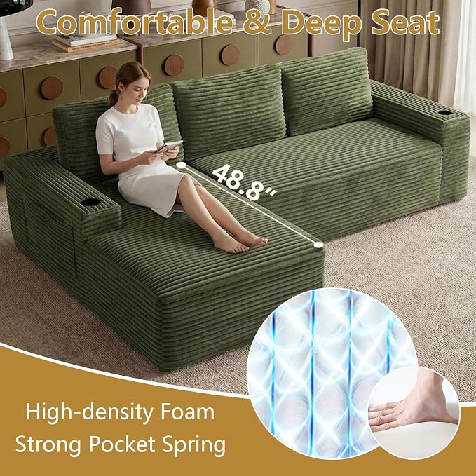 104" Cloud Sectional Couch L-Shaped with Side Pockets Cup Holders, Corduroy Boneless Couch for Living Room,Upholstered Deep-Seat Modular Sectional Sofa, No Assembly Required (Green,Left Facing Chaise)
