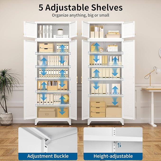 90" Metal Storage Cabinet with Louvered Doors, Heavy Duty Steel Wardrobe, Tall Kitchen Pantry Cabinet with Adjustable Shelves, 2 Packages, White