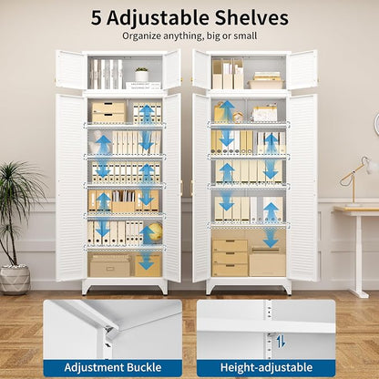 90" Metal Storage Cabinet with Louvered Doors, Heavy Duty Steel Wardrobe, Tall Kitchen Pantry Cabinet with Adjustable Shelves, 2 Packages, White