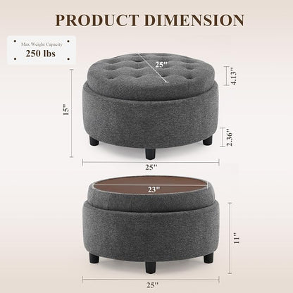 COLAMY Round Hidden Storage Ottoman with Reversible Tray Lid – Multi-Functional Footrest, Sturdy & Stylish Fabric Coffee Table for Living Room, Bedroom, or Entryway, Dark Grey