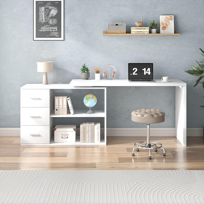 HSH White L-Shaped Computer Desk with 3 Drawers and 2 Shelves, Reversible Home Office Corner Desk for Writing Study Work Executive, 55 Inch Bedroom Wood Table Workstation Desk with Storage Cabinet