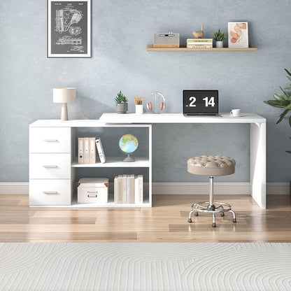 HSH White L-Shaped Computer Desk with 3 Drawers and 2 Shelves, Reversible Home Office Corner Desk for Writing Study Work Executive, 55 Inch Bedroom Wood Table Workstation Desk with Storage Cabinet
