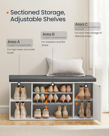 SONGMICS HOME Storage Bench, Snapsemble Superfast Assembly, 41" Wide Entryway Shoe Cubby Bench with Cushion & Adjustable Shelves, Window Shoe Rack Cabinet, Snow White and Slate Gray ULHS391WE02S
