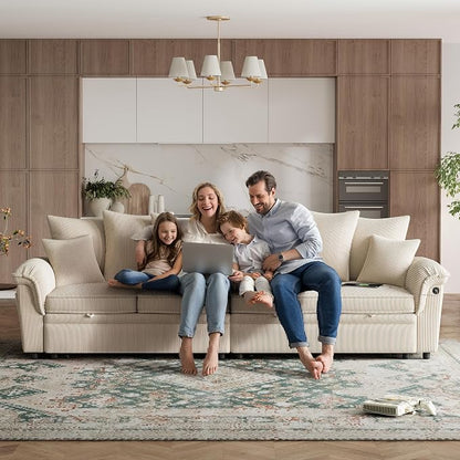 LINSY HOME Oversized Sectional Sleeper Sofa with Pull Out Couch Bed (Beige, 110.5'') | USB Charging
