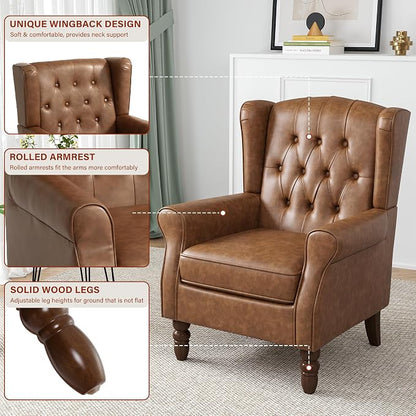 Faux Leather Wingback Chairs Set of 2, High Back Accent Chair for Living Room, Button-Tufted Upholstered Armchair with Solid Wood Legs, Comfy Reading Chair for Bedroom, Brown