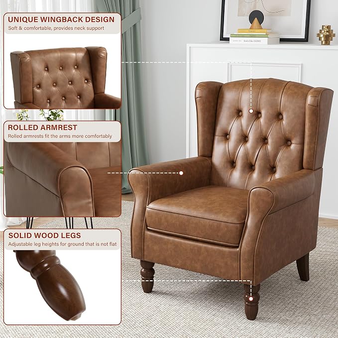 High Back Accent Chair, Faux Leather High Wingback Chair for Living Room, Button-Tufted Upholstered Armchair with Solid Wood Legs, Comfy Single Sofa Reading Chair for Bedroom, Brown