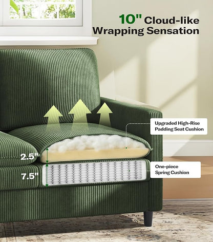 Welzona 3-Layers Cloud Loveseat Sofa, 51" Corduroy Small Couch for Living Room, Bedroom - Tool-Free Assembly Small Sofa - Green - Futon Couch - Removable Washable Covers - 650lbs Capacity