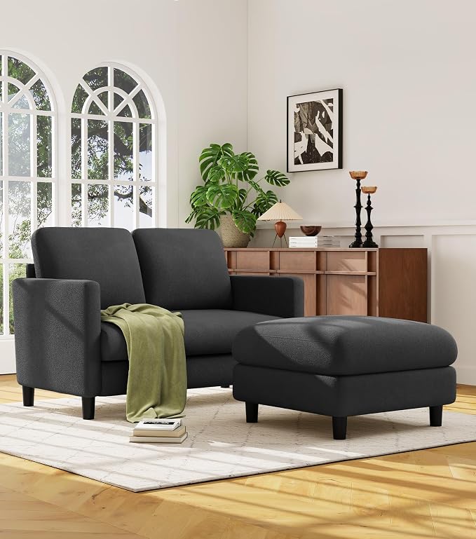 Welzona Loveseat, 51" Small L Shaped Couch, Comfy Teddy Love Seat with Ottoman Set, Tool-Free Setup Loveseat Sofa with Ottoman, All-Wood Small Sofa Couch for Bedroom, Couch for Living Room, Grey