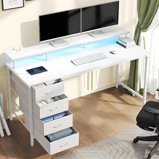 DUMOS 40 Inch Computer Desk with 4 Drawers, Gaming Desk with Power Outlets and LED Lights, Office Workstation for Small Spaces with Monitor Shelf, Writing Table for Home Office Bedroom Study White