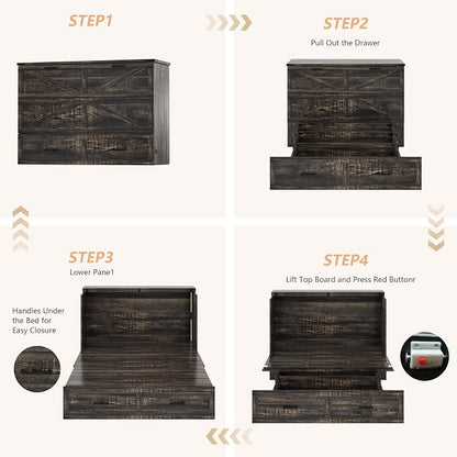 Bellemave Queen Murphy Bed, Cabinet Bed with Charging Station and Storage, Farmhouse Murphy Cabinet with Foldable Panel, Noisy Free, for Guest Bedroom, Living Room, Office, Rustic Gray