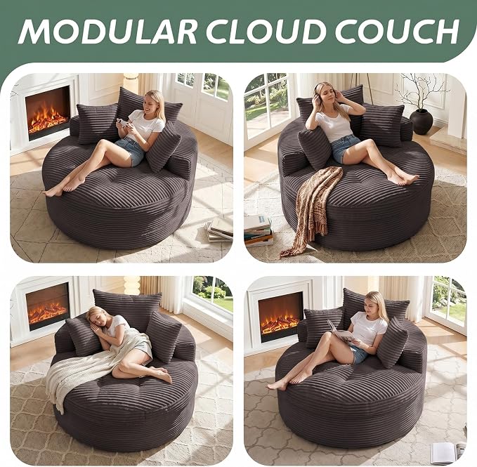 Oversized Round Chaise Lounge Chair, Deep Seat Cloud Boneless Floor Sofa Couch, Upholstered Corduroy Sleeper with 3 Pillows & Optional Ottoman, No Assembly Modern Lazy Floor Lounger for Living Room