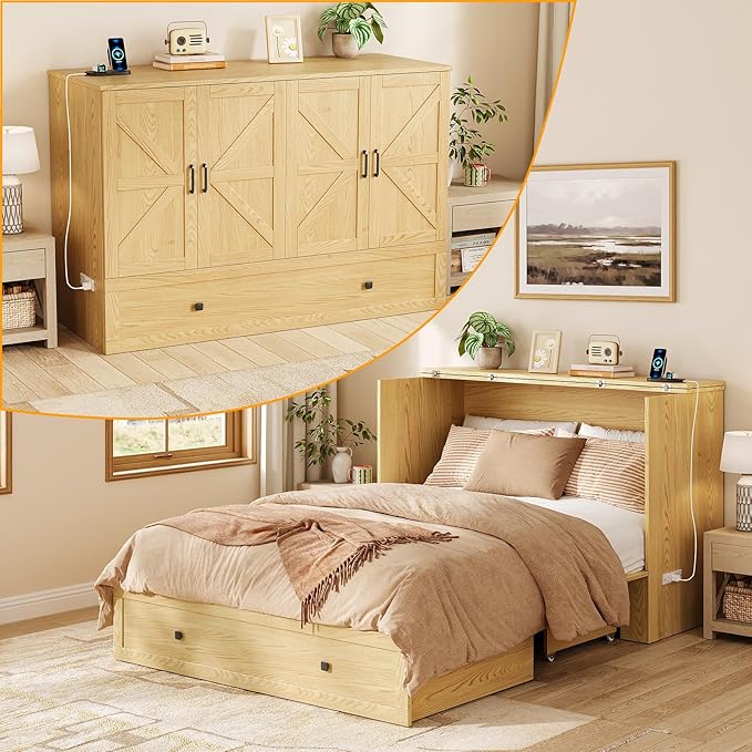LIVAUVEAD Murphy Bed Queen with Storage & Charging Station, Murphy Cabinet with Foldable Panel, Noisy Free, for Guest Bedroom, Living Room, Office, Distressed,Natural