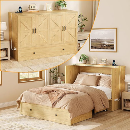 LIVAUVEAD Murphy Bed Queen with Storage & Charging Station, Murphy Cabinet with Foldable Panel, Noisy Free, for Guest Bedroom, Living Room, Office, Distressed,Natural