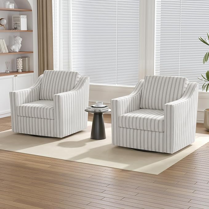 Swivel Accent Chairs Set of 2, 360° Swivel Upholstered Club Armchairs for Living Room, Comfy Reading Chair with Deep Seat, Metal Swivel Base, Pinstripe Light Gray