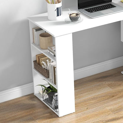 HOMCOM 47 Inch L Shaped Desk, Corner Computer Desk, 360 Degree Rotating Home Office Desk with Storage Shelves, Writing Table Workstation, White