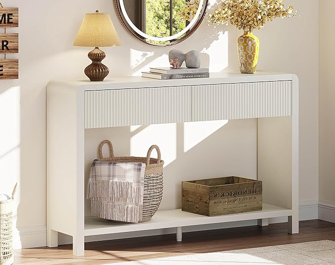 FATORRI Entryway Console Table with 2 Drawers, 47.2 inch Modern Sofa Table for Living Room, Couch Tables Behind Sofa and Hallway Tables with Storage, Antique White
