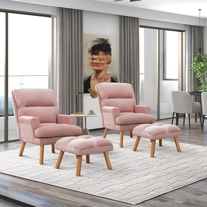 CANMOV Modern Accent Chair with Ottoman Set of 2, Soft Fabric Armchair with Adjustable Backrest and Side Pockets, Comfy Lounge Chair for Living Room, Bedroom, Apartment, Office, Pink