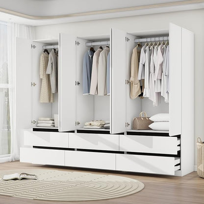 Armoire Wardrobe Closet with Drawers：75" Large White Wardrobe Closet Cabinet with 6 Doors for Hanging Clothes, Modern Wooden Bedroom Armoires with 6 Drawers and Storage (A+A+A, 94.5")