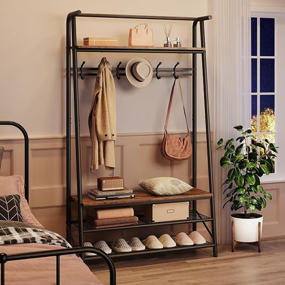 Jojoka Coat Rack Hall Tree with Shoe Storage Bench, 4-in-1 Entryway Organizer with 10 Hooks & 3-Tier Shoe Rack, Sturdy Metal Frame Freestanding Storage Unit for Hallway (Brown-Single Row, 39.4in)