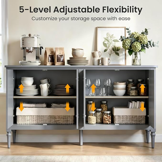 RoyalCraft Buffet Cabinet with Storage, 59" Vintage Sideboard with Adjustable Shelves, Mid Century Modern Painted Credenza Coffee Bar for Kitchen, Dining Room, Entryway, Living Room, Dove Gray