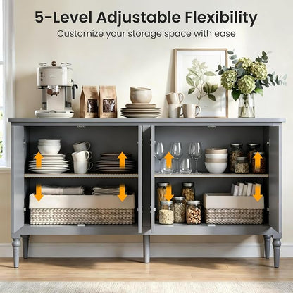 RoyalCraft Buffet Cabinet with Storage, 59" Vintage Sideboard with Adjustable Shelves, Mid Century Modern Painted Credenza Coffee Bar for Kitchen, Dining Room, Entryway, Living Room, Dove Gray