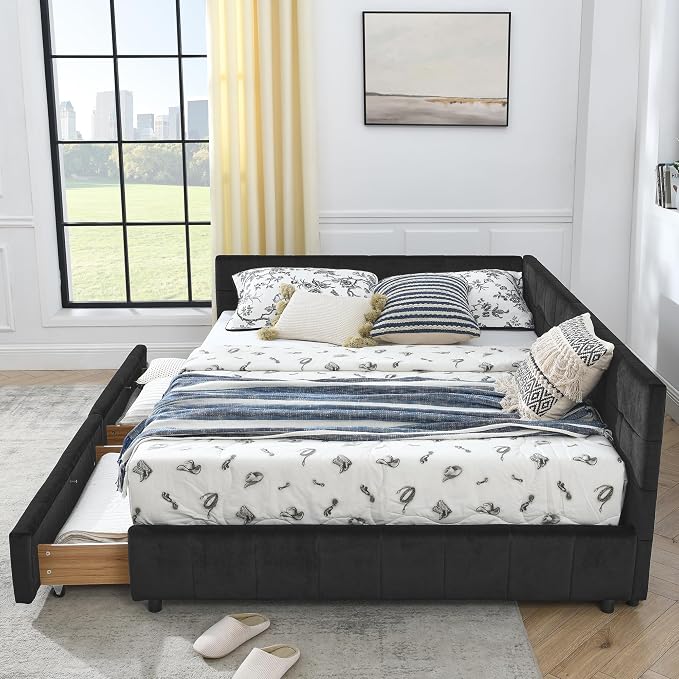 Queen Size Corner Bed Frame with Storage Drawers, Comfortable Backrest and Armrests, Velvet Tufted Corner Bed Frame Queen Size, Upholstered Daybed for Bedroom, Living Room, Guest Room, Black