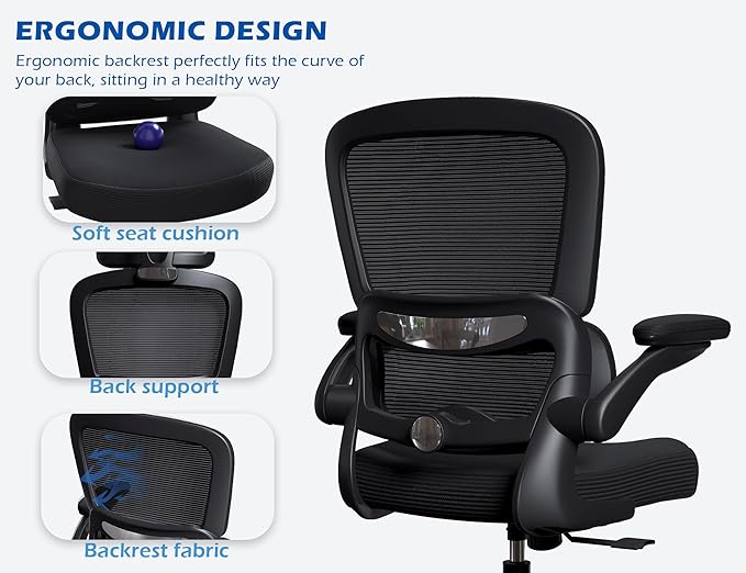 TRALT Ergonomic Office Chair - Desk Chair with Adjustable Headrest Lumbar Support Computer Chair - Mesh Comfy Chair with Flip-up Armrests - Gaming Chair for Adults Home Office PU, Black, Pack of 8