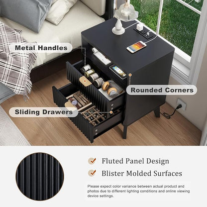 LYNCOHOME Fluted Nightstand with Charging Station, 19.7 inch Wide End Table with 2 Drawers, Modern Wood Bedside Table for Bedroom, Black,1 Pcs