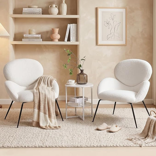 Small Accent Chair Set of 2,Sherpa Chair with Love Back, Boucle Chairs with Metal Legs, Comfy Modern Reading Chairs/Sherpa Accent Chair with Thick High-Elastic Sponge/Cream Style Room (White)