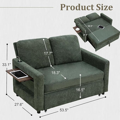 3 in 1 Folding Convertible Sleeper Sofa Bed Pull Out Couch with Side Pockets USB Port Side Table Loveseat Sofa Bed with Adjustable Backrest for Living Room Bedroom 66" DarkGreen 2 SEAT