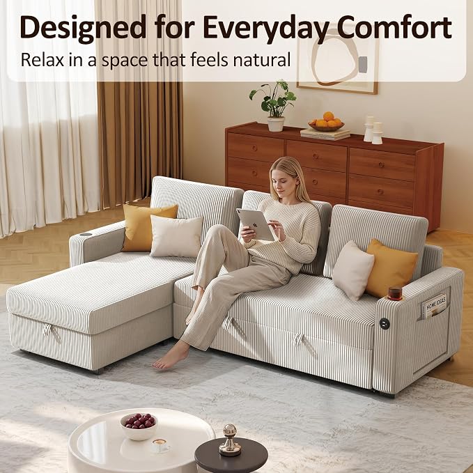Ball & Cast 80" Sectional Sleeper Sofa Bed Pull Out Couches for Living Room | L Shaped Convertible Pull Out Sofa Bed with Storage Chaise, Foldable Table, USB Port, Cup Holder, Side Pocket for Small Space