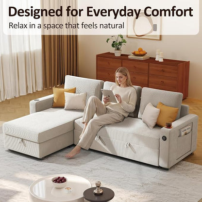 Ball & Cast 80" Sectional Sleeper Sofa Bed Pull Out Couches for Living Room | L Shaped Convertible Pull Out Sofa Bed with Storage Chaise, Foldable Table, USB Port, Cup Holder, Side Pocket for Small Space