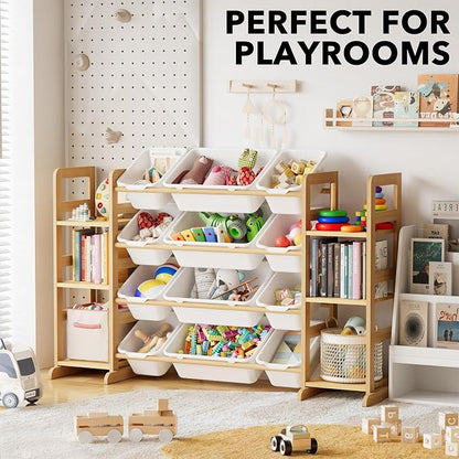 SpaceAid Toy Storage Organizer with 6 Shelves and 12 Bins, Bookshelf/Bookcase, Kids Bin Shelf, Toys Box for Playroom Organization for Bedroom & Room Decor, White, 52.3" W