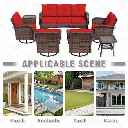 7 Piece Patio Conversation Set – 2 Swivel Rocking Chairs, 2 Coffee Tables & 3-Seater Sofa | PE Wicker Patio Sectional | Heavy-Duty Steel Frame & Weatherproof Cushions, Red