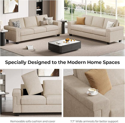 COPIAE 3 Seater Sofa Couch with Deep Seat, 90" Modern Upholstered Sofa with Armrests, Easy Installation, Comfy Couches for Living Room, Apartment, Beige