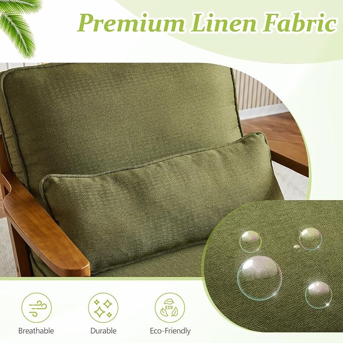 VINGLI Solid Wood Wide Armrests Accent Chair Set of 2,Upholstered Mid Century Modern Chair with Pillow,Farmhouse Arm Chair Comfy Reading Chair,Chairs Living Room,Bedroom,Guest Room,Linen Fabric,Green