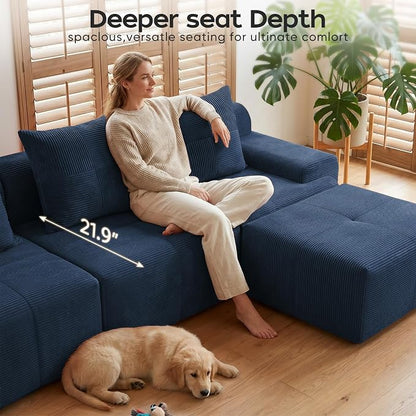 118" Sectional Boneless Oversize Modular Couches, Curved Cloud Sectional Sofa for Living Room, Corduroy L Shape Deep Seat Sofa with Ottoman & 3 Throw Pillows, No Assembly Required,Navy Blue